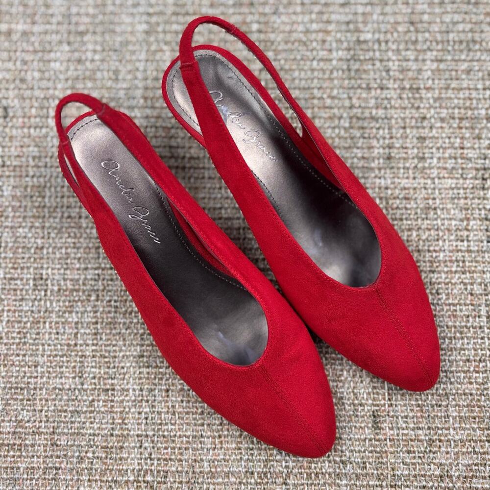 👠 Amelia Grace Red Suede Slingback Wedge Heels | Size 7.5
